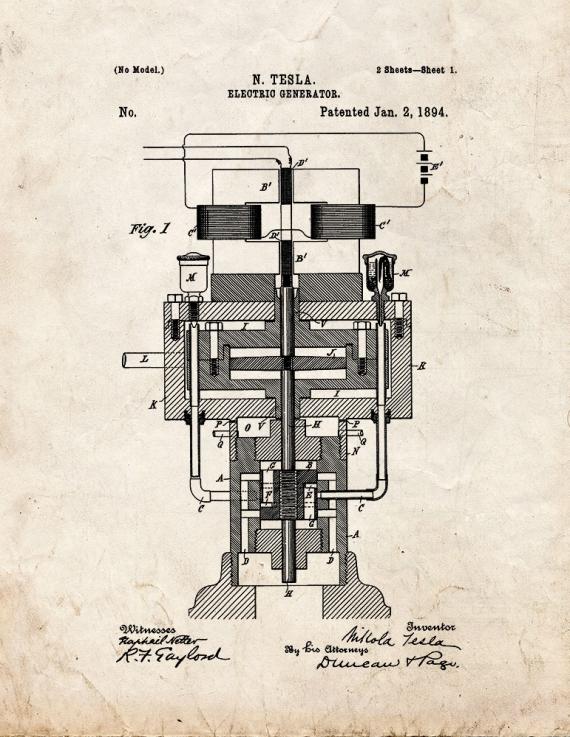 Tesla Electric Generator Patent Print