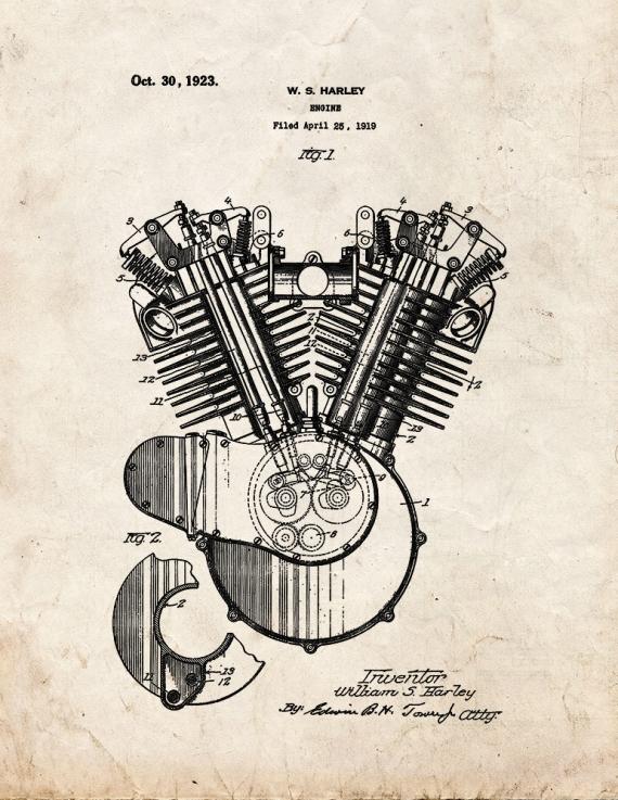 Harley Motorcycle Engine Patent Print