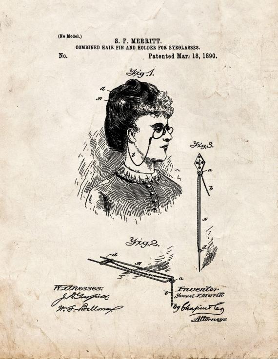 Combined Hair Pin And Holder For Eyeglasses Patent Print
