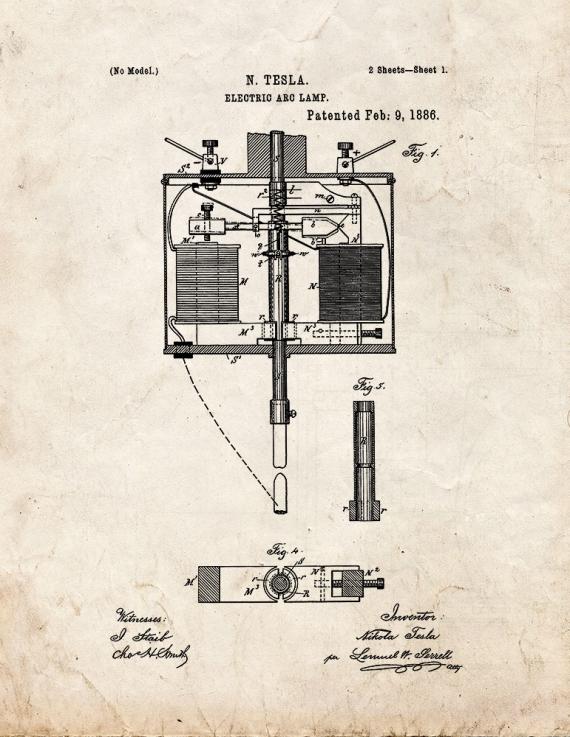 Tesla Electric Arc Lamp Patent Print