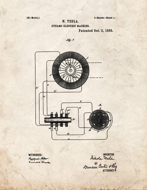 Tesla Dynamic Electric Machine Patent Print
