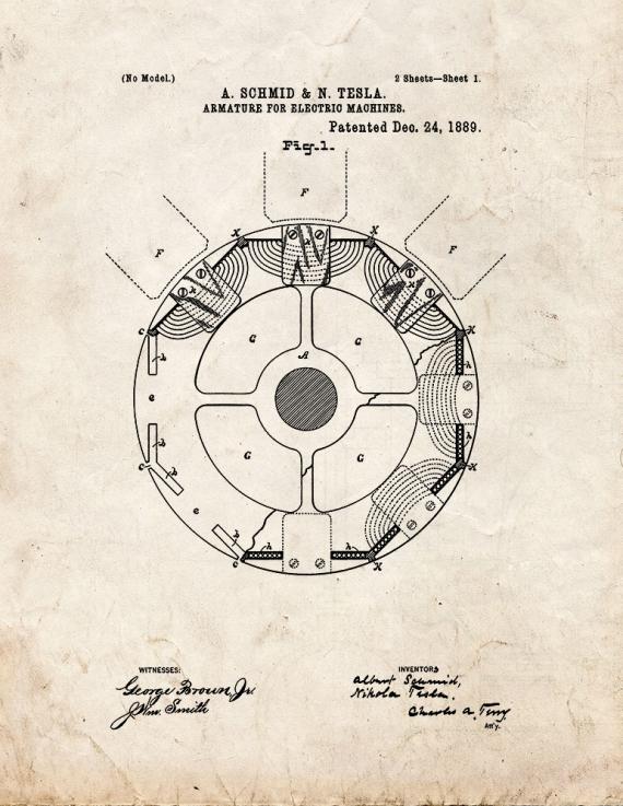 Tesla Armature For Electric Machines Patent Print