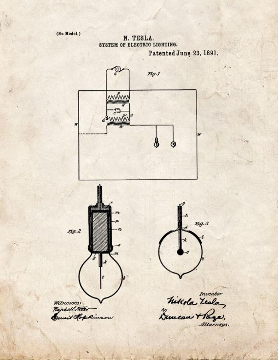 Tesla System Of Electric Lighting Patent Print