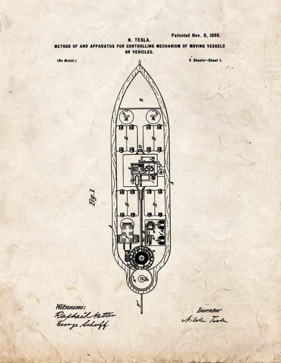 Tesla Mechanism Of Moving Vessels Or Vehicles Patent Print