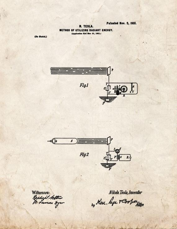 Tesla Method Of Utilizing Radiant Energy Patent Print