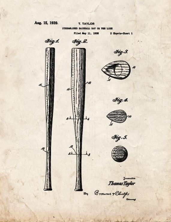 Streamlined Baseball Bat Patent Print