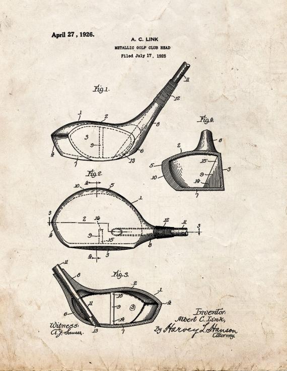 Metallic Golf Club Head Patent Print