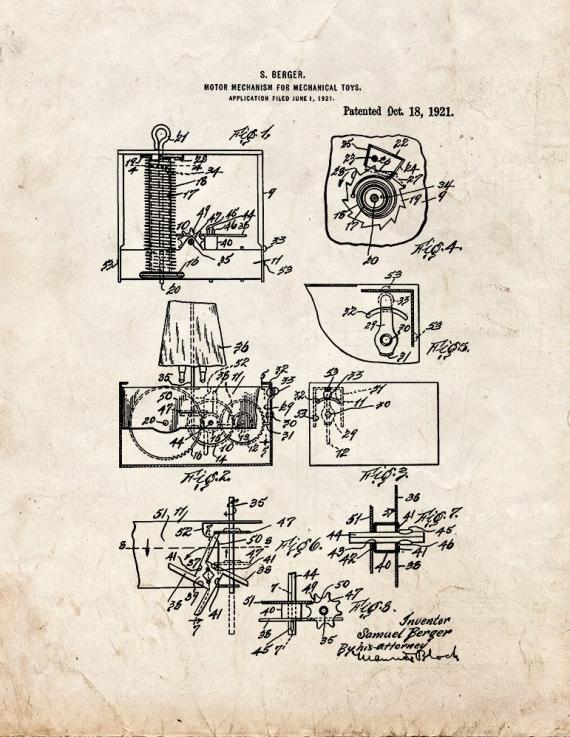 Motor Mechanism For Mechanical Toys Patent Print