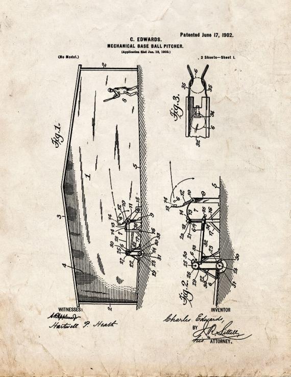 Mechanical Baseball Pitcher Patent Print