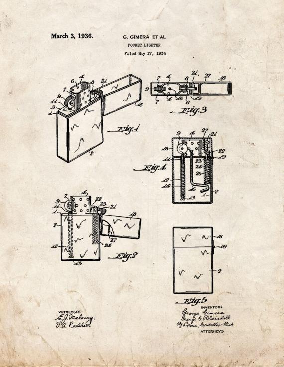 Zippo Pocket Lighter Patent Print