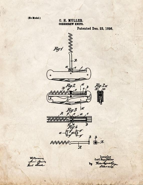 Corkscrew Knife Patent Print