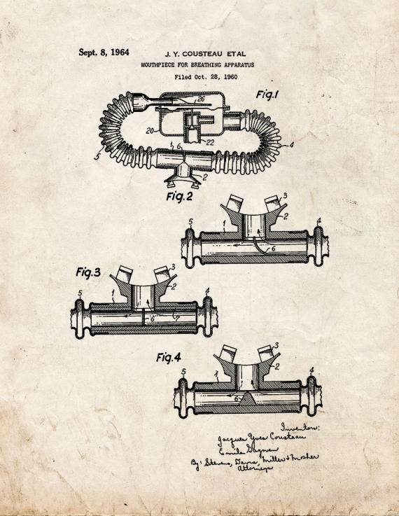 Jacques Cousteau Mouthpiece For Breathing Apparatus Patent Print