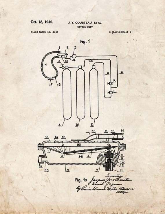 Jacques Cousteau Diving Unit Patent Print