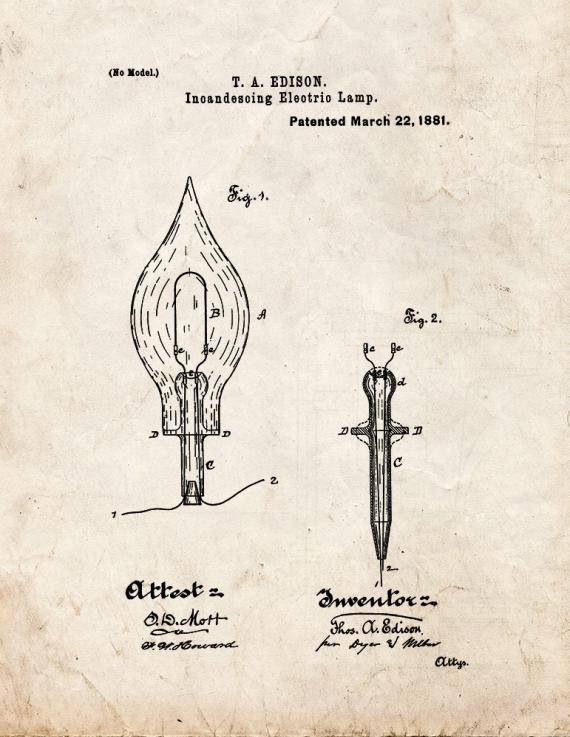 Incandescing Electric Lamp Patent Print