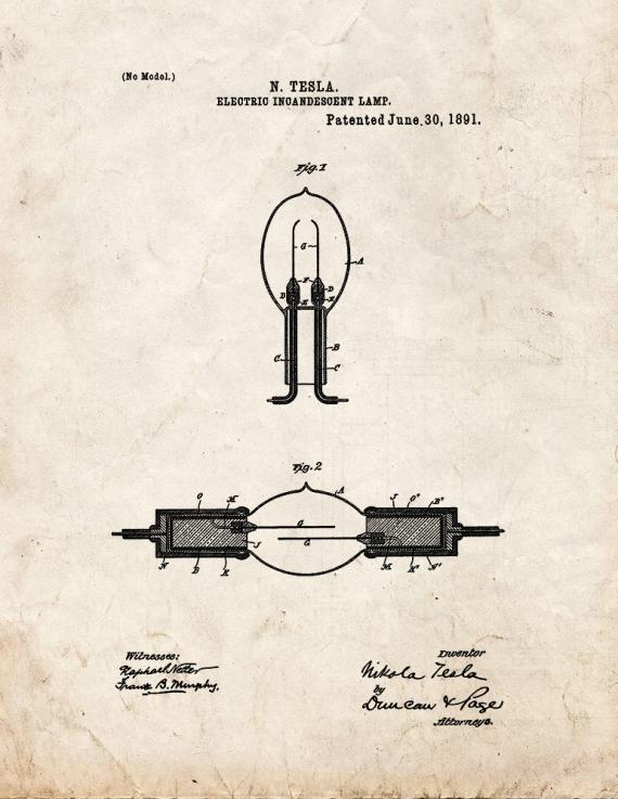 Tesla Electric Incandescent Lamp Patent Print