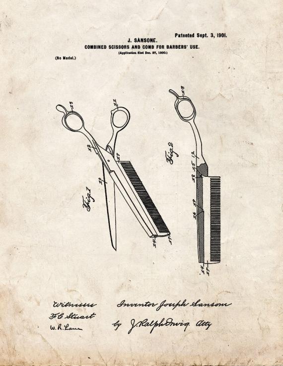Combined Scissors And Comb For Barbers' Use Patent Print