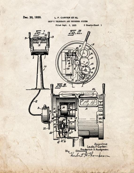 Ship's Telegraph And Recorder System Patent Print