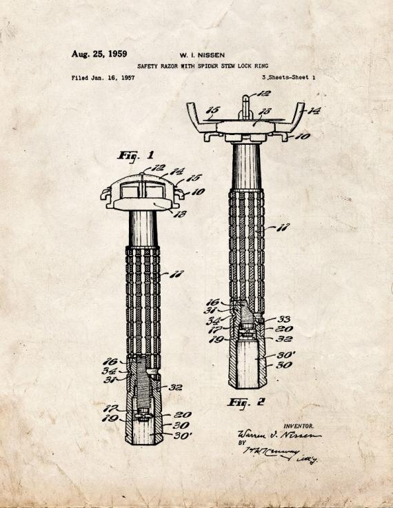 Safety Razor With Spider Stem Lock Ring Patent Print
