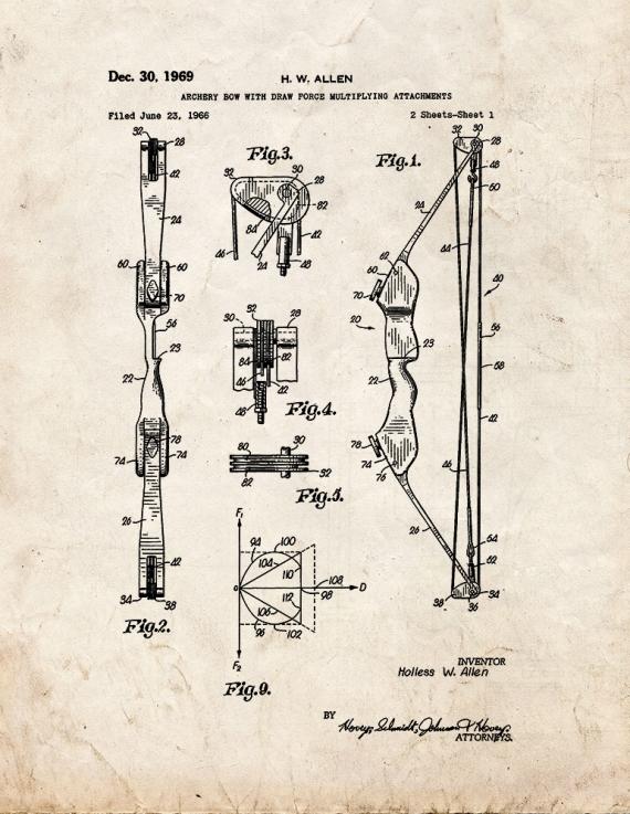 Archery Bow With Draw Force Multiplying Attachments Patent Print