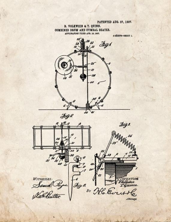 Combined Drum and Cymbal Beater Patent Print