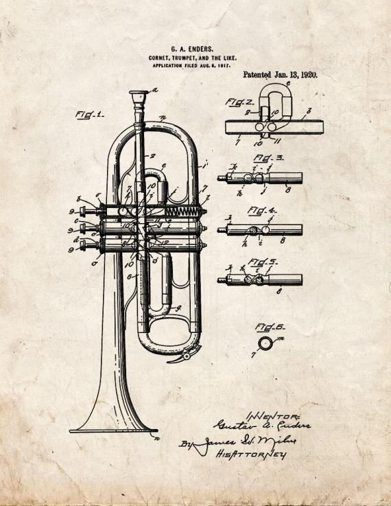 Cornet or Trumpet Patent Print