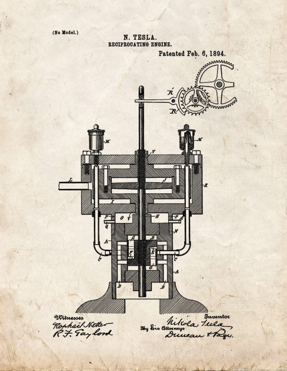 Tesla Reciprocating Engine Patent Print