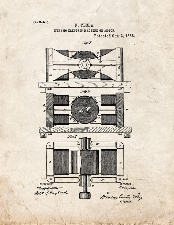 Tesla Dynamo-Electric Motor Patent Print