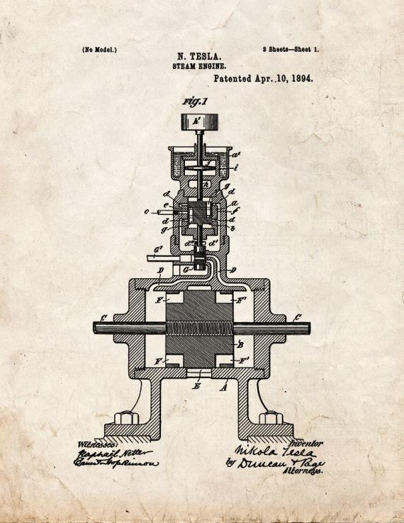 Tesla Steam Engine Patent Print