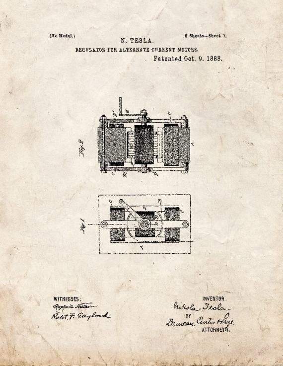 Tesla Regulator for Alternate Current Motors Patent Print
