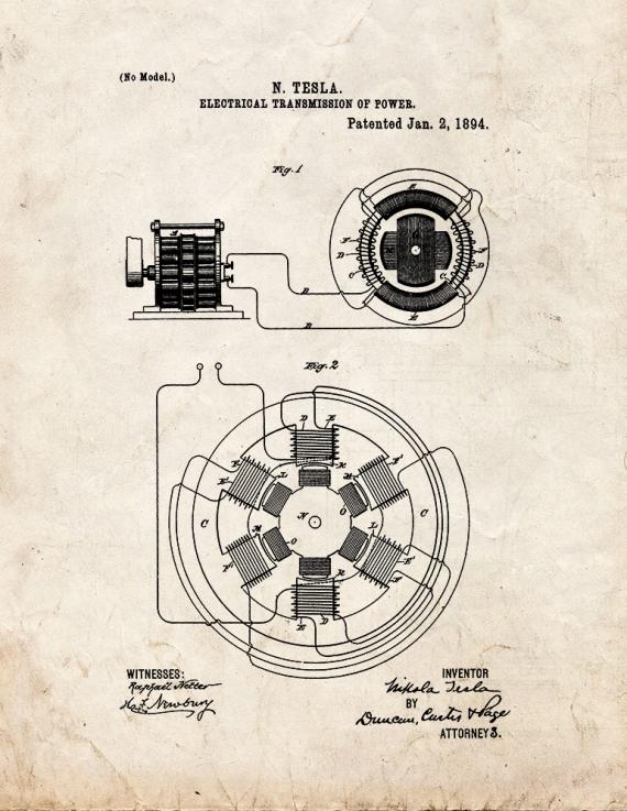 Tesla Electrical Transmission of Power Patent Print