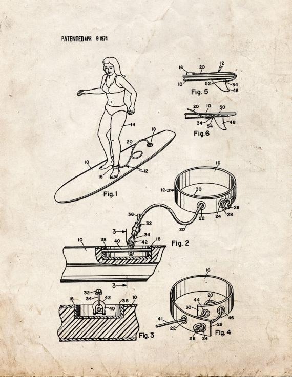 Surfboard Ankle Leash Patent Print