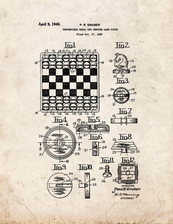 Convertible Chess and Checker Game Piece Patent Print