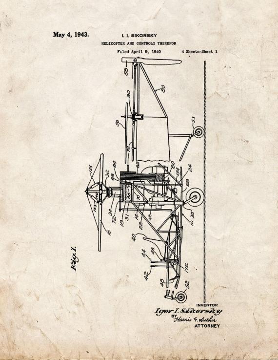 Helicopter And Controls Patent Print