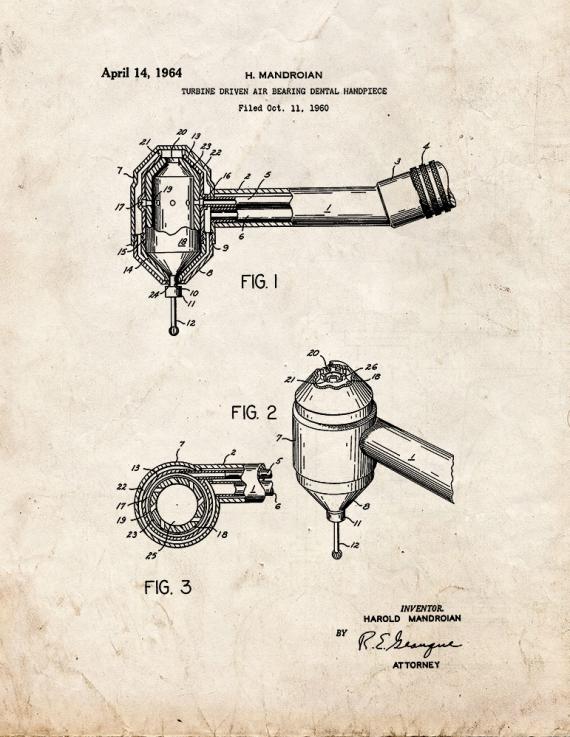 Turbine Driven Air Bearing Dental Handpiece Patent Print