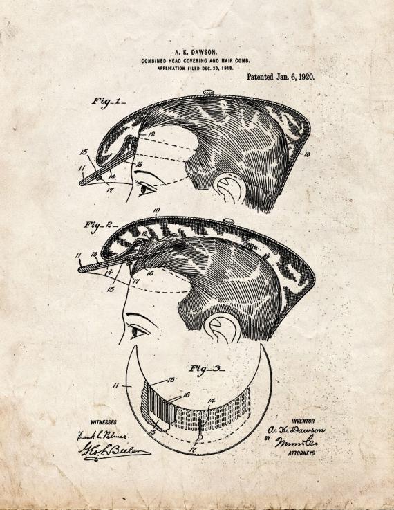 Combined Head-covering and Hair-comb Patent Print