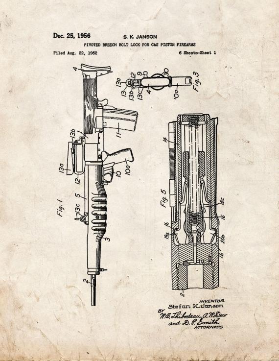 Pivoted Breech Bolt Lock for Gas Piston Firearms Patent Print