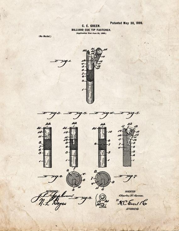 Billiard Cue Tip Fastner Patent Print