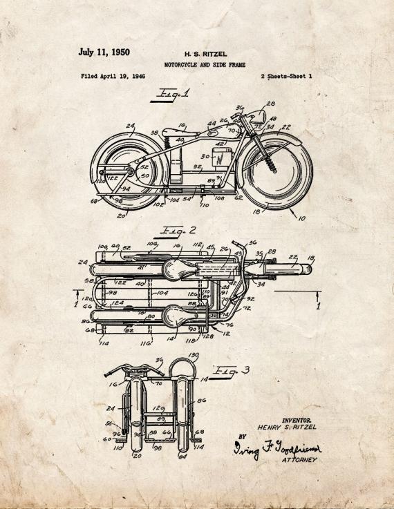 Motorcycle and Side Frame Patent Print