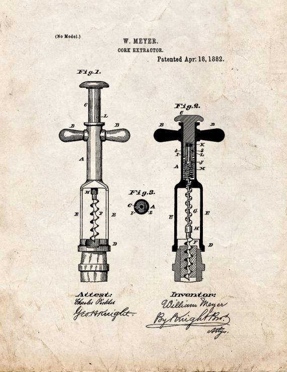 Cork Extractor Patent Print