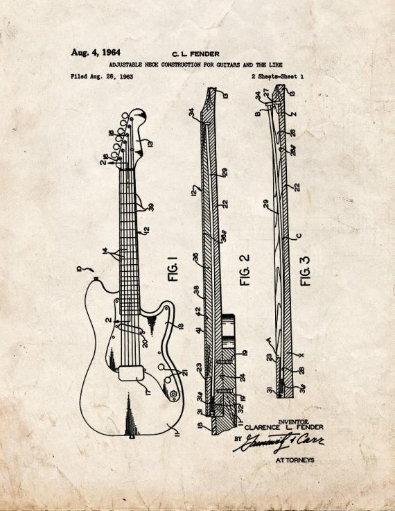 Adjustable Neck Construction for Guitars Patent Print