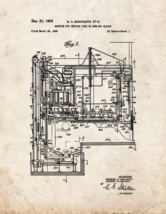 Machine for Setting Pins On Bowling Alleys Patent Print