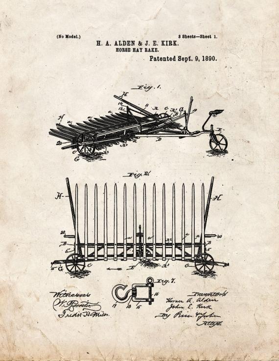 Horse Hay Rake Patent Print
