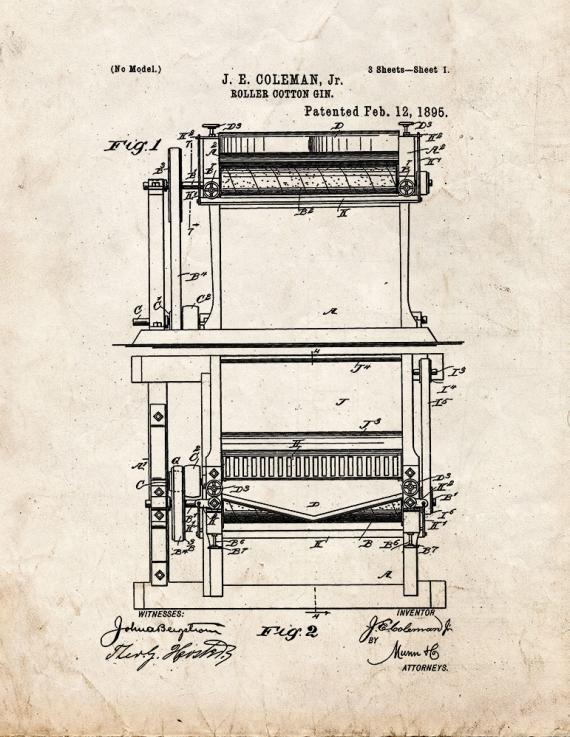 Roller Cotton Gin Patent Print