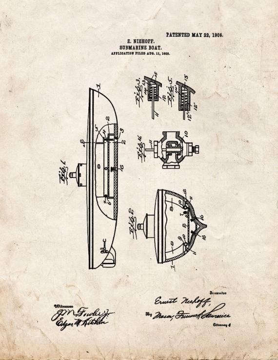 Submarine Boat Patent Print