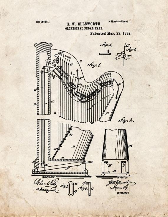 Orchestral Pedal Harp Patent Print