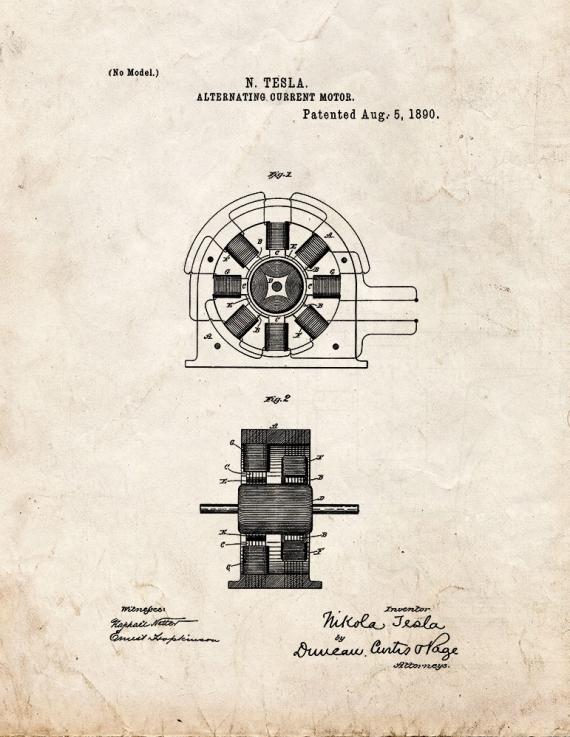 Tesla Alternating Current Motor Patent Print