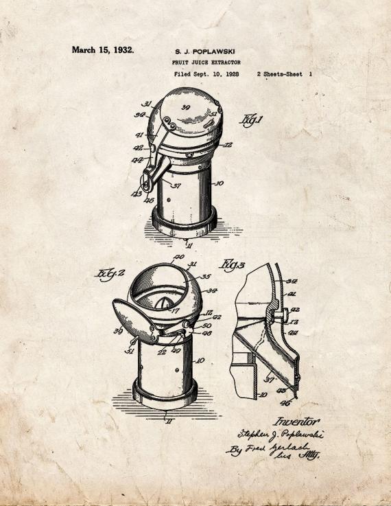 Fruit Juice Extractor Patent Print