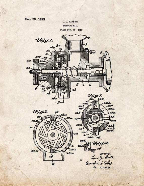 Coffee Grinding Mill Patent Print