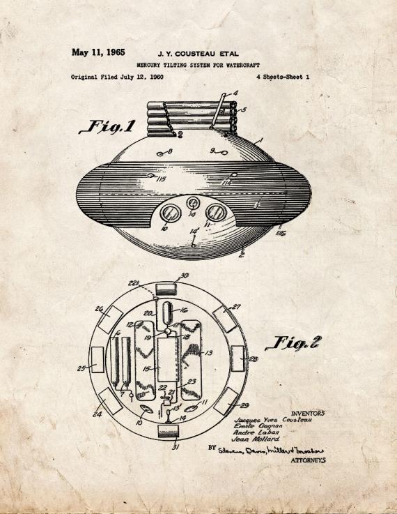 Jacques Cousteau Mercury Tilting System For Watercraft Patent Print