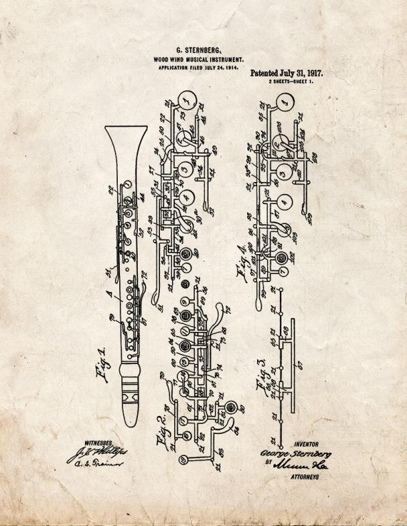 Wood Wind Musical Instrument Patent Print